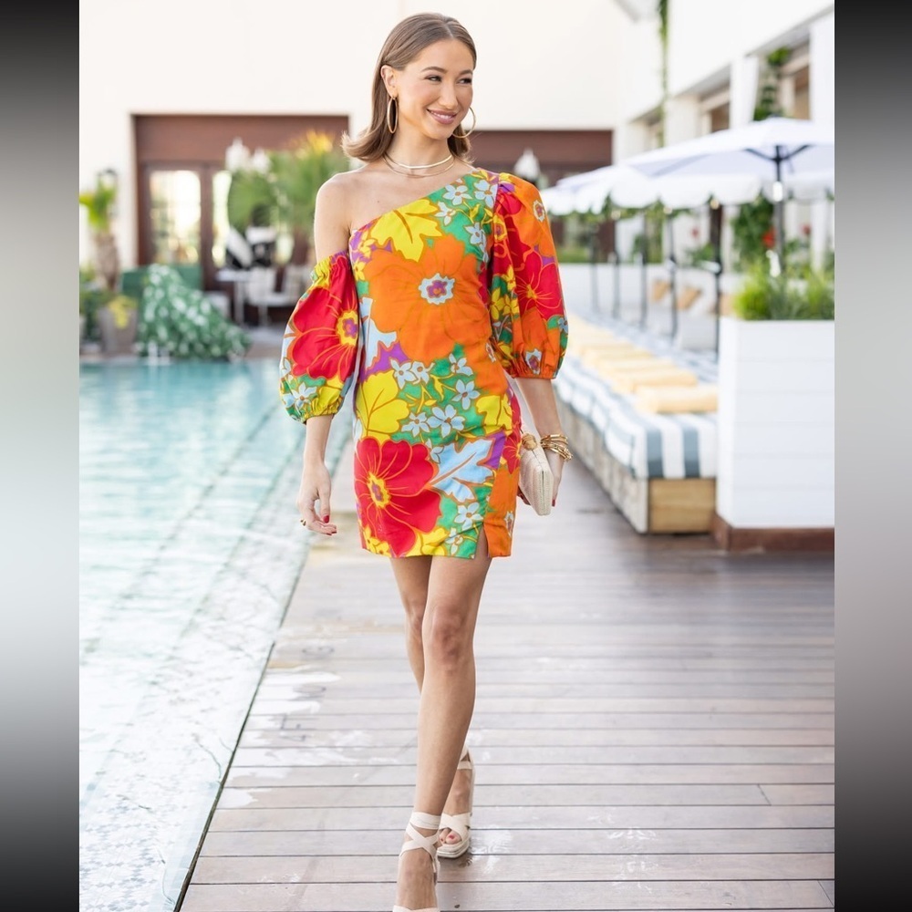 Olivaceous Bright Orange One-Shoulder Floral Mini Dress